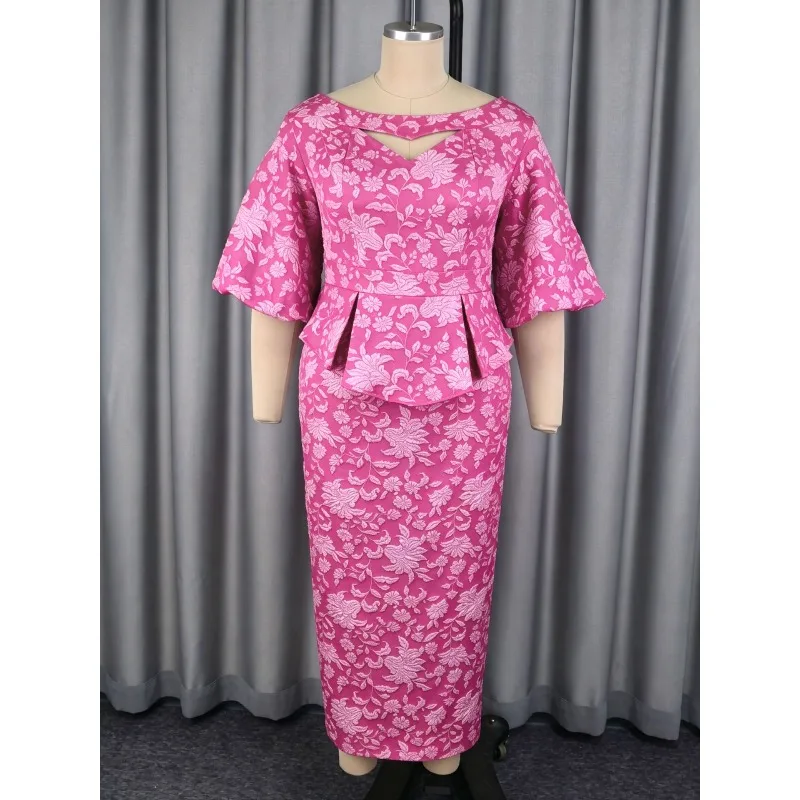 Women Jacquard Package Hip Dress Cut Out Boat Neck Half Puff Sleeves Peplum Weddings Church Evening Party Formal Occasions