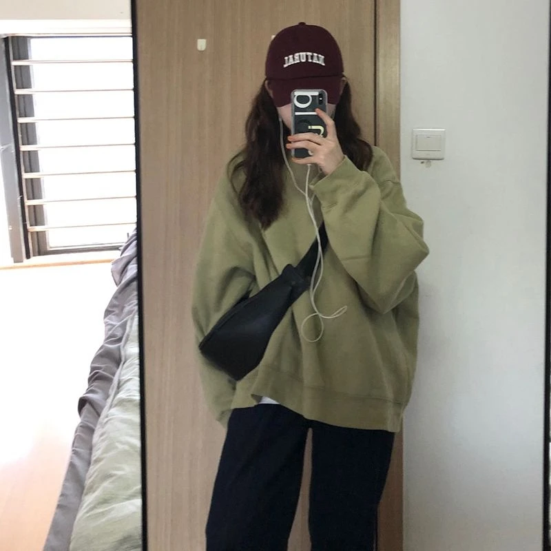 Harajuku grüne Crew Vintage Baggy Sweatshirt Frauen Herbst Winter Mode Fleece Brief druck Lazy Wind Langarm Pullover