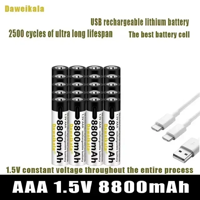 2024 New USB-C 1.5V AAA Battery Fast charging Li-ion Battery 8800mAh for Remote Control Mouse Electric Toy Battery +Type-C Cable