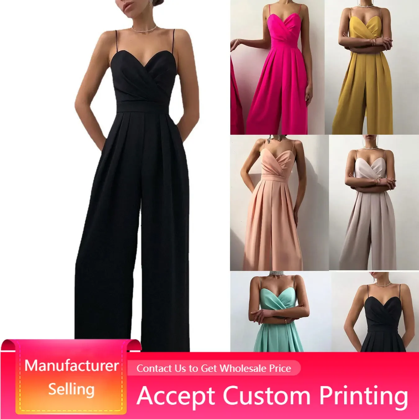 Women's Sleeveless High Waist Wide Leg Sling Satin Straight-Leg Mopping Long Pants, Summer Jumpsuits, Sexy Straps