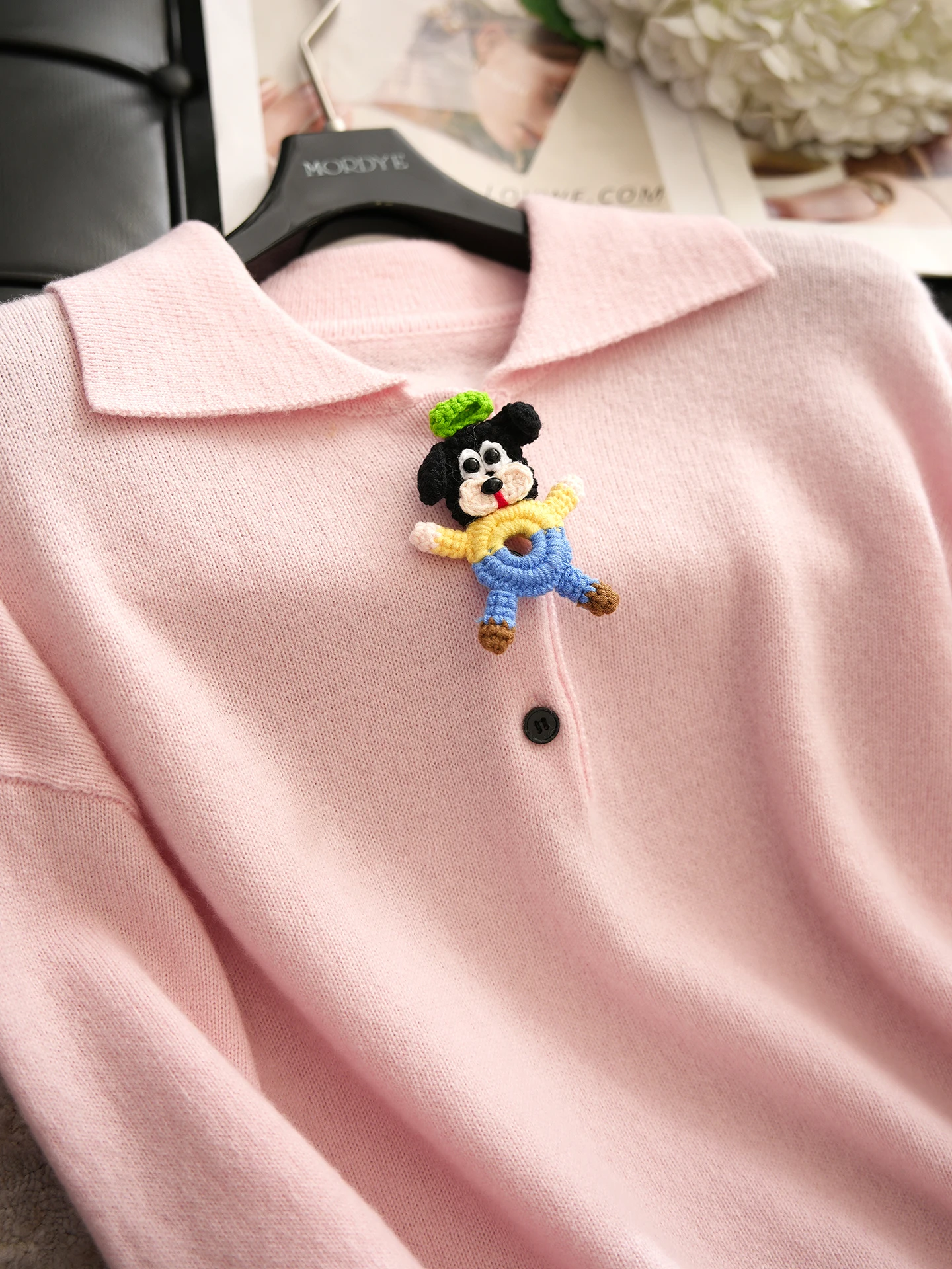 

Розовый вязаный свитер из 100% шерсти с воротником, украшенный игрушкой-собачкой, женская модная удобная теплая зимняя верхняя одежда