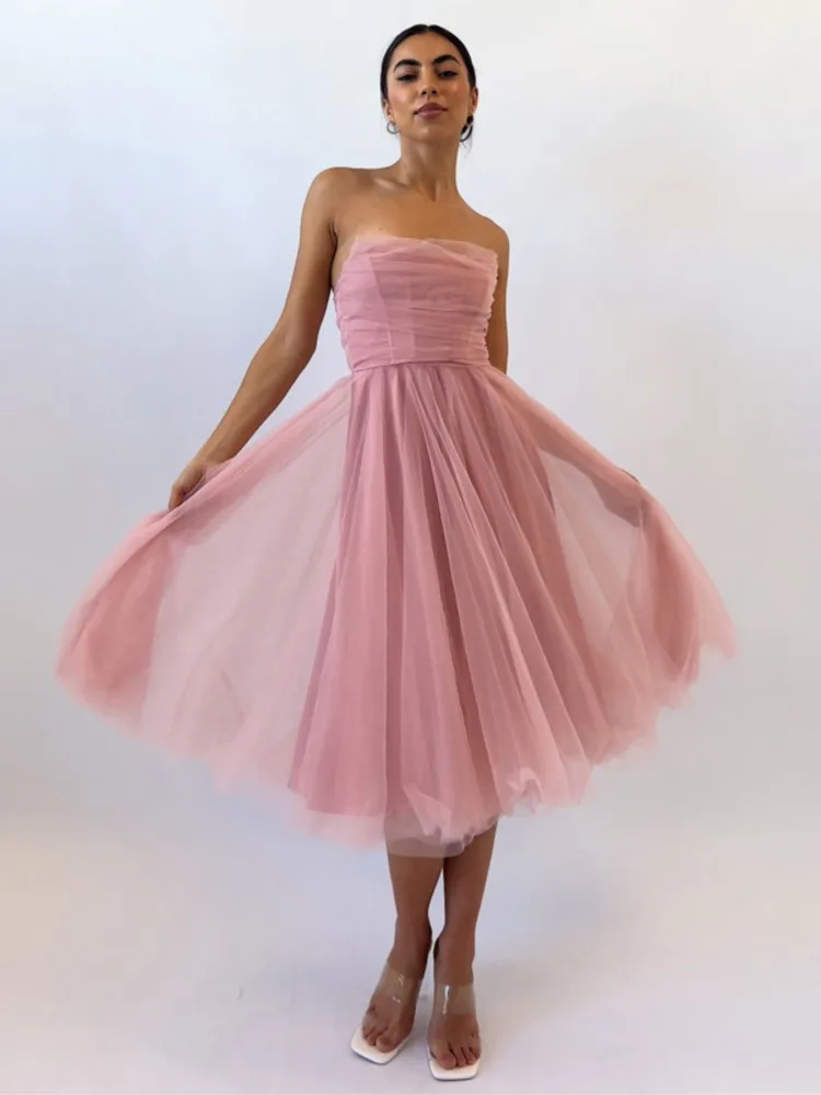 

Party Dresses For Woman Mesh Fishbone Tube Top Party Dress Sleeveless Vestidos Backless Solid Color Elegant Temperament Trendy