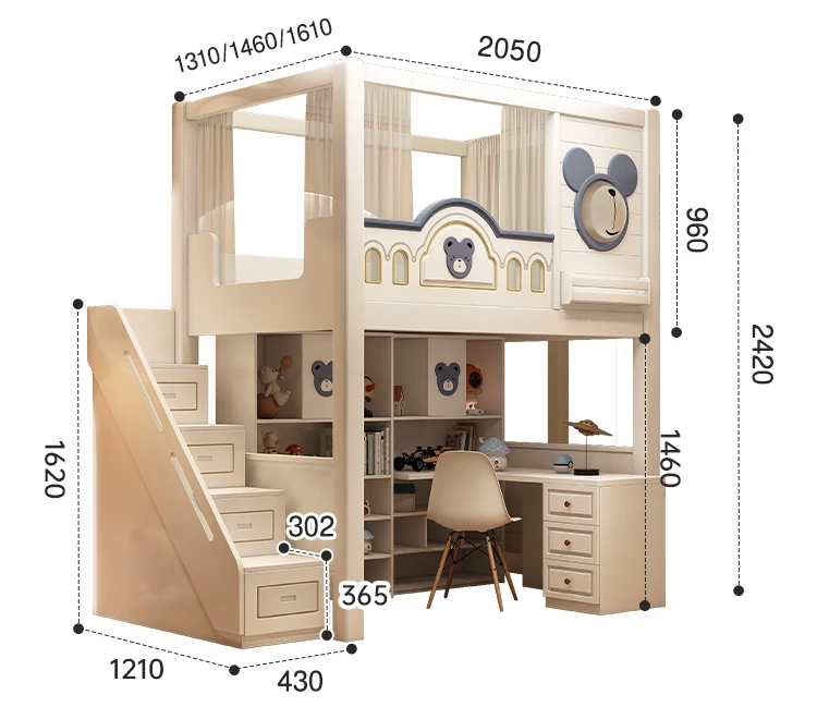 Letto combinato multifunzionale e armadio inferiore scrivania da letto per bambini integrata