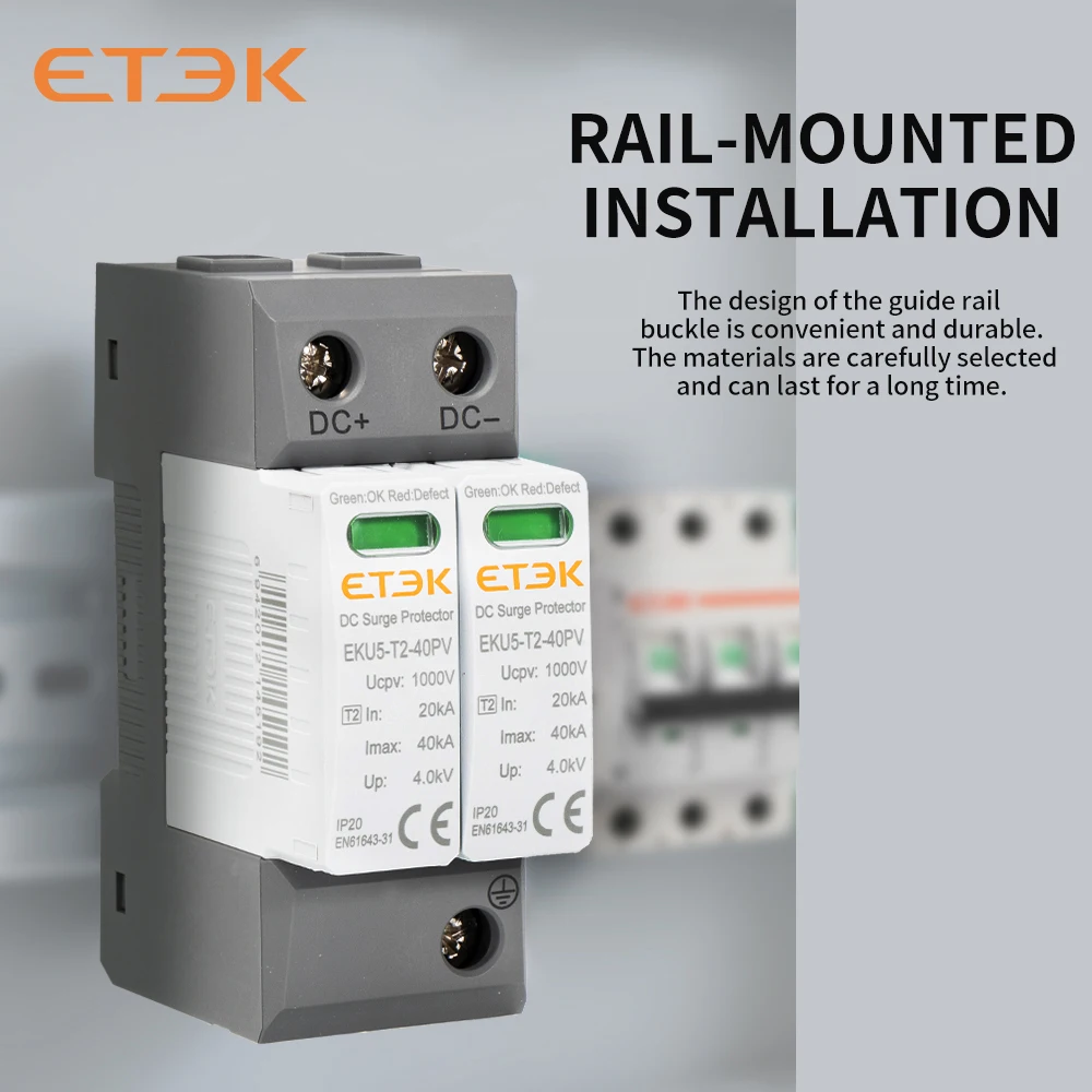 ETEK DC SPD Protector - Lightning Arrester - Low Voltage Protection - 2P - 600V - 1000V - 1500V Type PV - 20-40KA - Indoor Overv