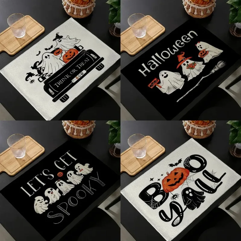 Table Mats Linen Halloween Ghost Pumpkin Kitchen Dining Placemat Heat Resistant Dinner Party Decoration 4PCS 6PCS Set