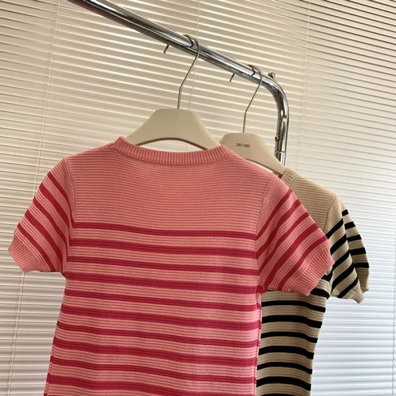 2024 new Summer Women O Neck Short Sleeves Knitted Dress fashione casual high waist elastic stripe printing Bodycon Dress