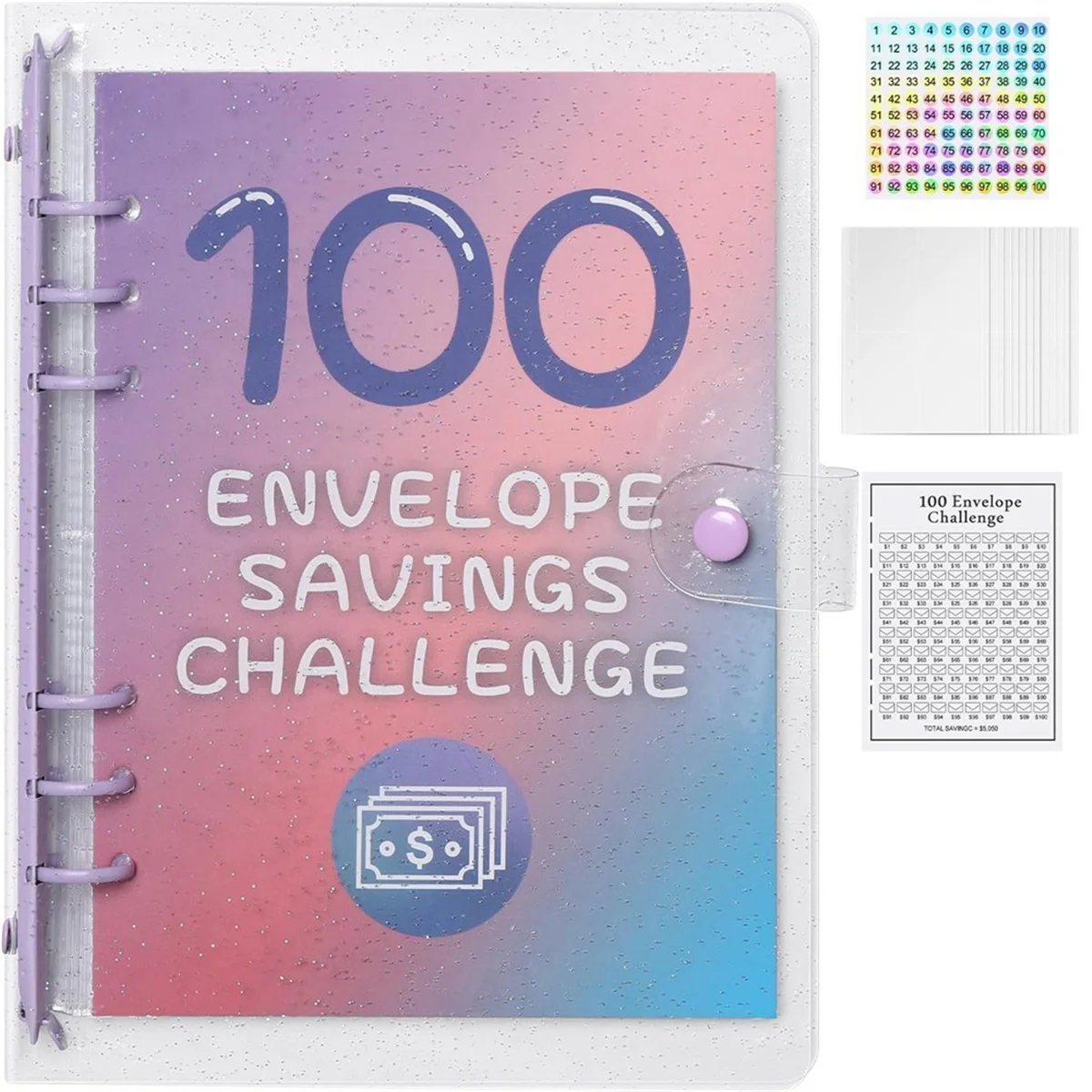 

100 Envelope Money Savings Challenge Binder, Expense Budget Sheet for Budgeting and Saving Money, Budget Binder Purple