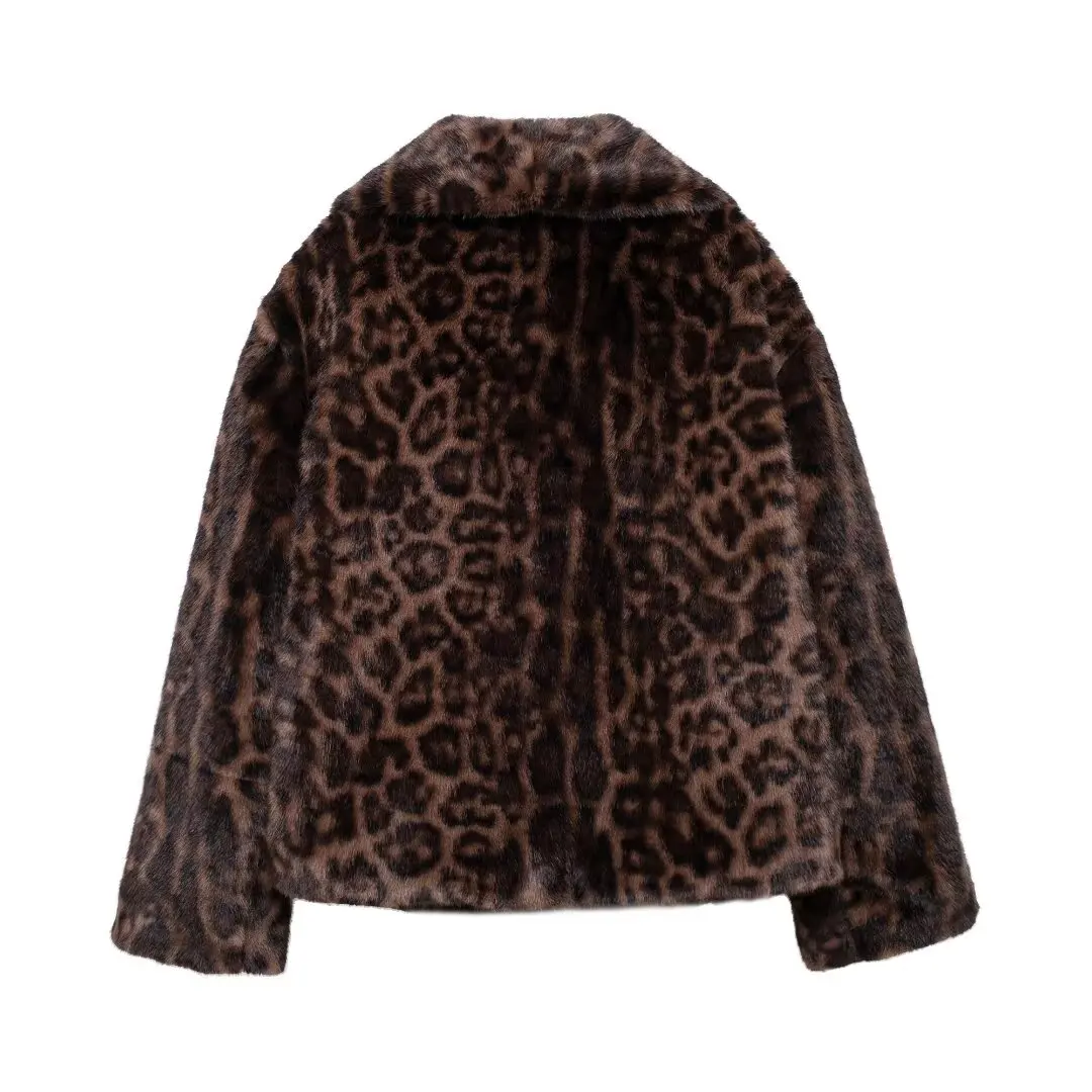 European and American style winter new fashion versatile lapel leopard print faux fur coat