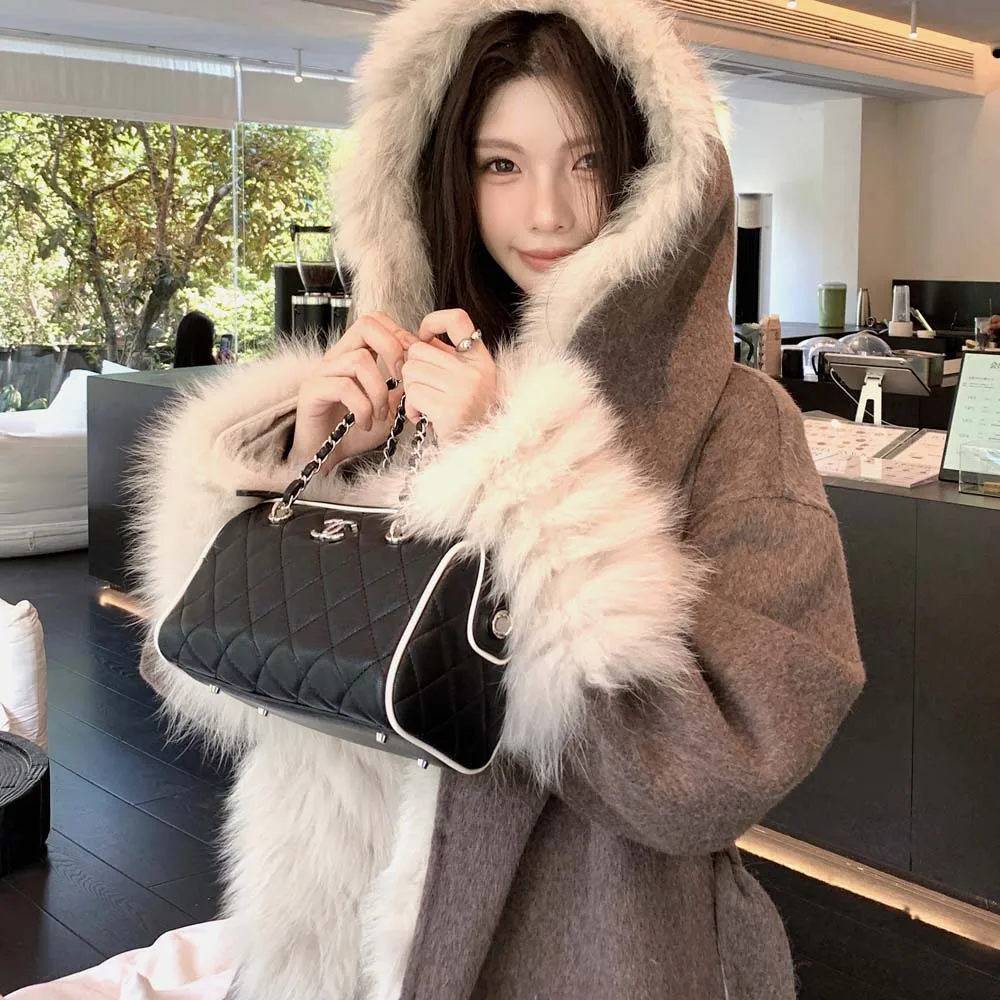 معطف شتوي حقيقي لعام 2025 بياقة من فرو الثعلب الطبيعي معطف فرو من صوف الكشمير سترة صوفية للسيدات ملابس خارجية معطف نسائي #3