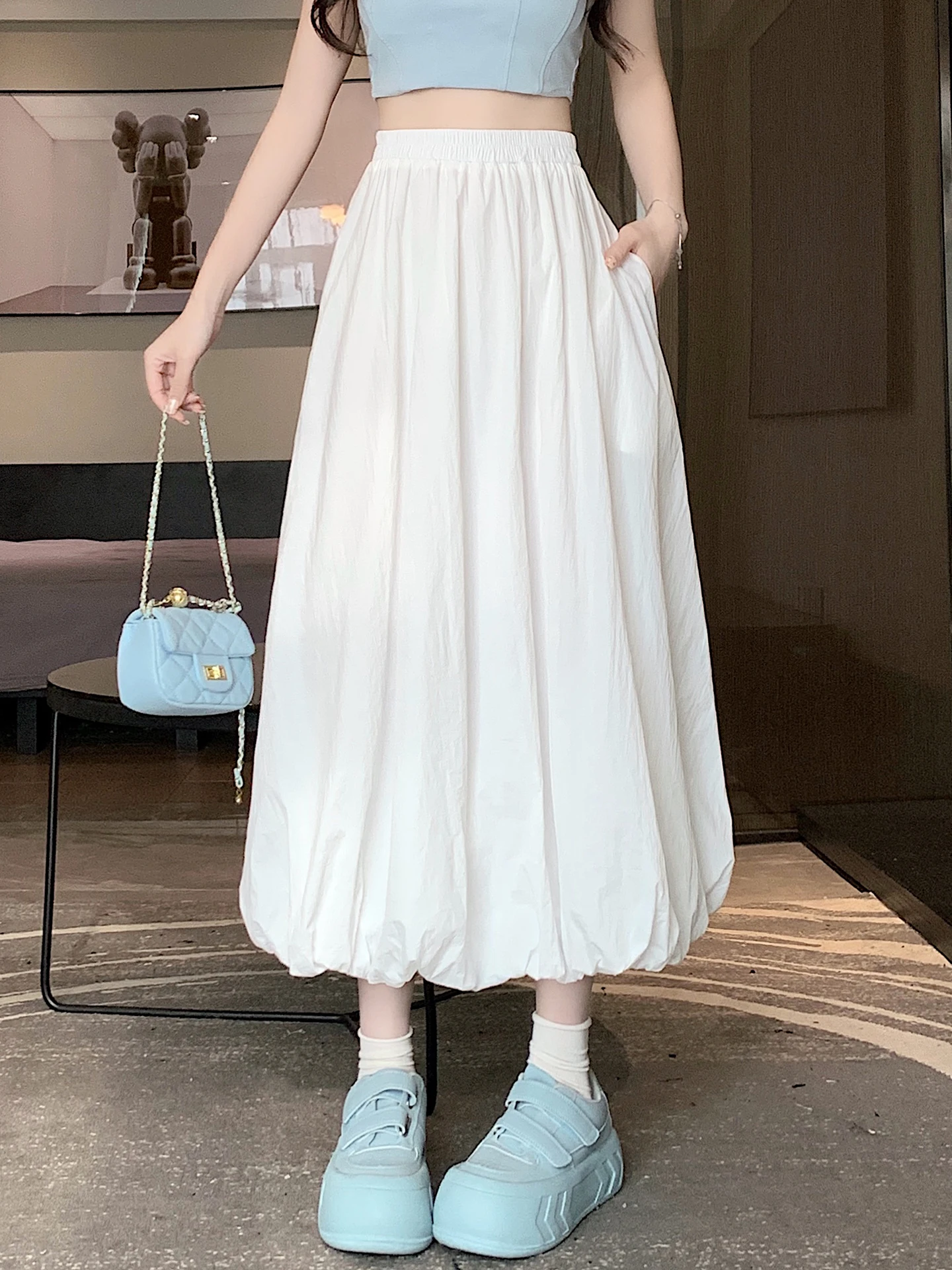 

American Sle High Waist A-Line Pleated Flower Bud Lantern Skirt Women Summer Casual Sports High Waist f-length Skirt