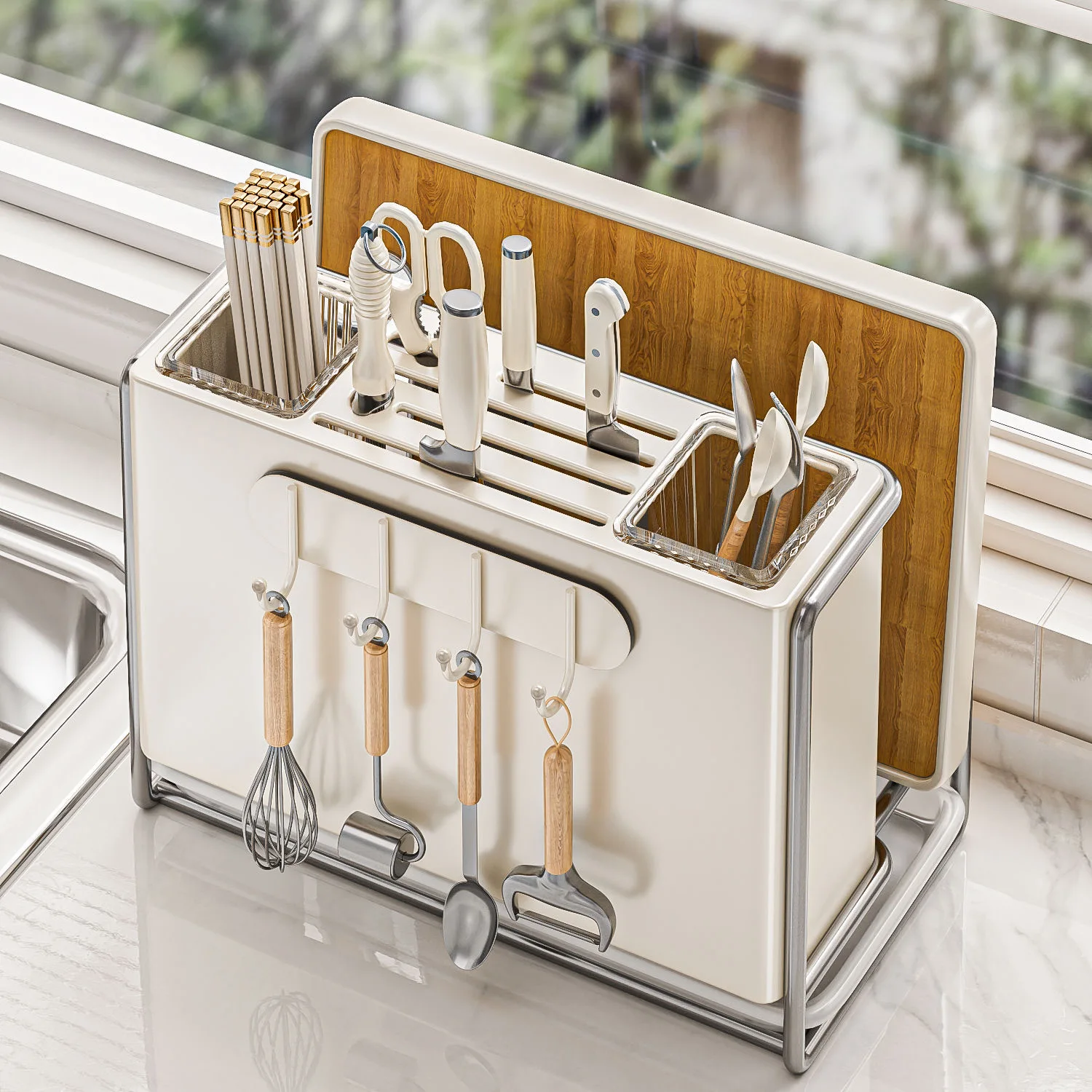 Cream Style Carbon Steel Countertop Knife Chopstick Rack Drain Tray Oil-Resistant Rust-Resistant Finish Optional Hook Cup Or Lid