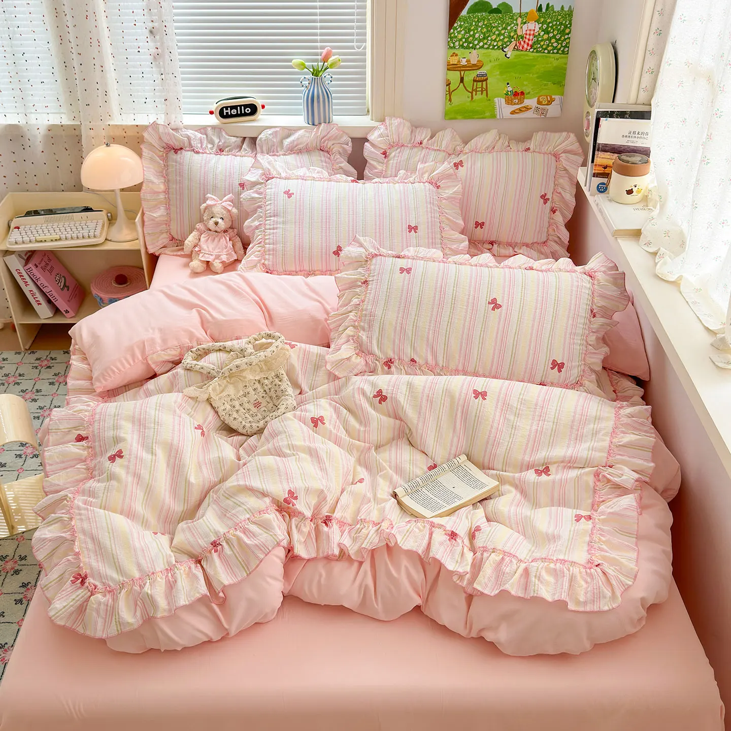 3Pcs Pink Seersucke…