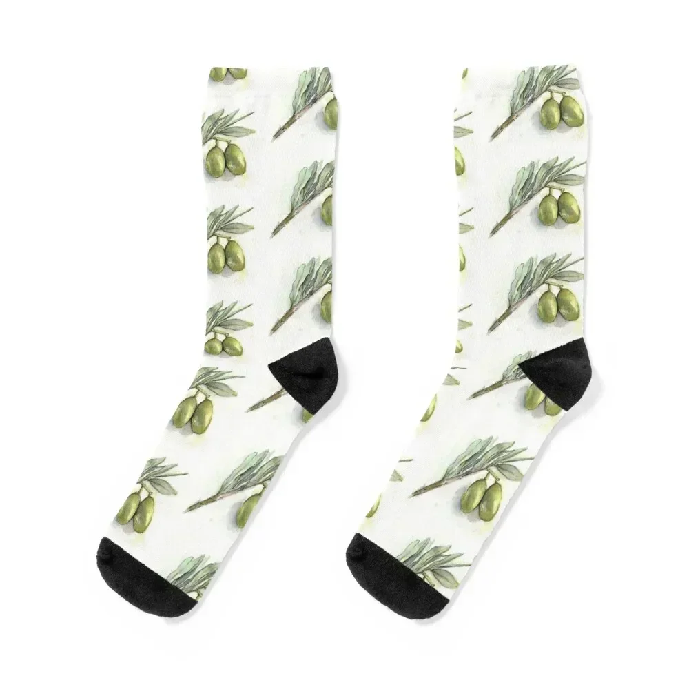 Green Olives Branch Watercolor Illustration Socks cool cycling gym Men's Socks Women's