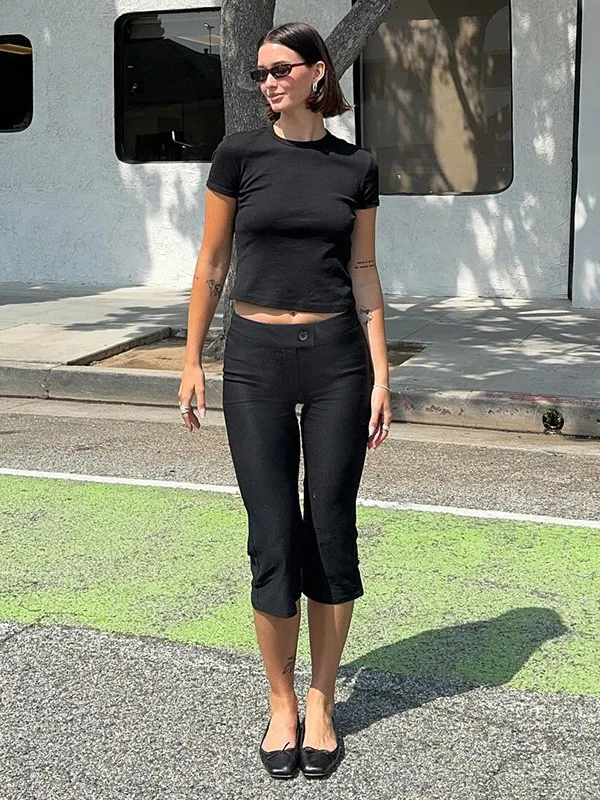 Pantaloni micro svasati versatili casual Pantaloni da sette piedi per pendolari da donna All-Match Pantaloni larghi in vita elastica lavorata a maglia