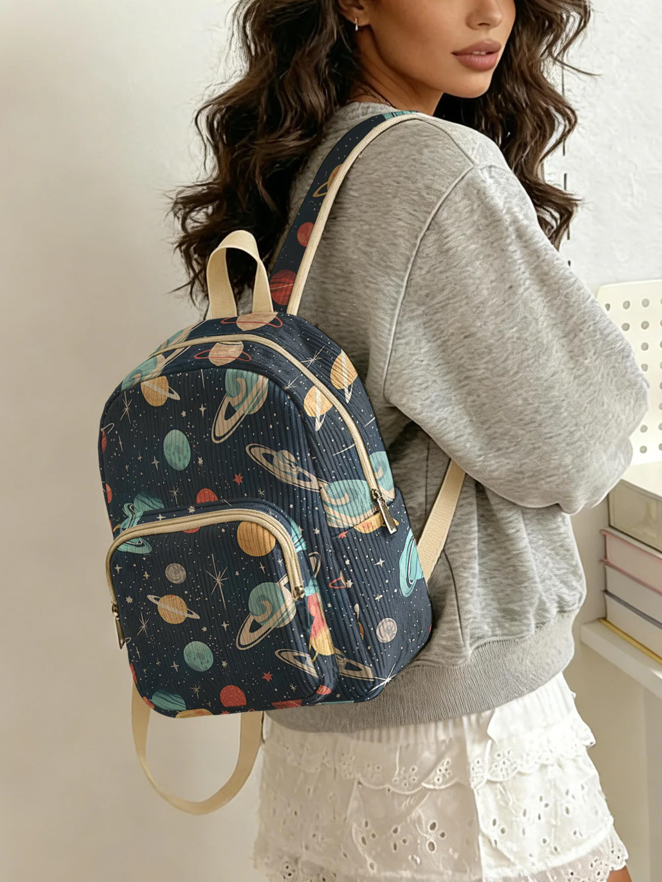Planet Star Space Allover Print Kids Backpack Dark Blue Corduroy Multi-pocket Large Capacity School Travel Bag