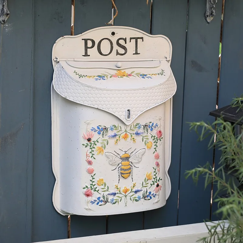 Vintage Wall Mount Mailbox for Outdoor Metal Wall Hanging Letter Box Decor Rustic Flower Mail Box for Garden Front Door Display