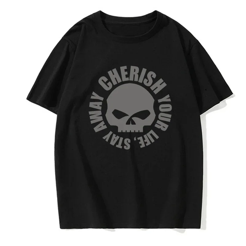 

new model Men's Summer T-shirt Letter Skull Pattern Printed Solid Color Round Neck Fashion Casual