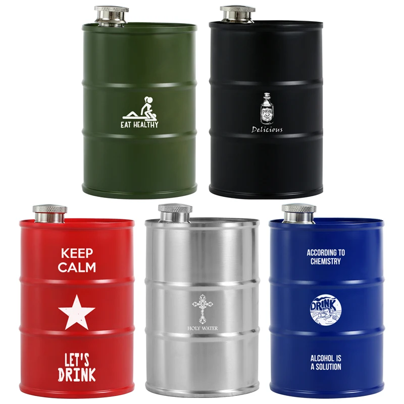 25oz 750ml Water Bottle Oil Drums Barrel Shape Flagon Whisky Alcohol Liquor Hip Flask Custom Portable Metal 304 Stainless Steel