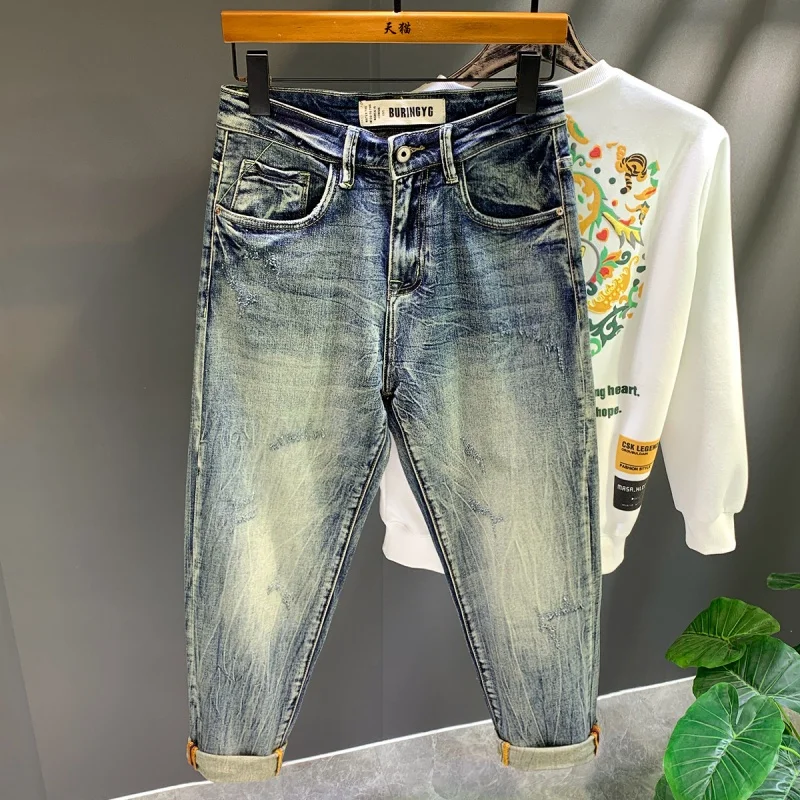 Men's High Street Retro Blue Nostalgic Jeans 2024 New Fashion Loose Harem Wide-Leg Pants Trendy All-Match Large Size Pants