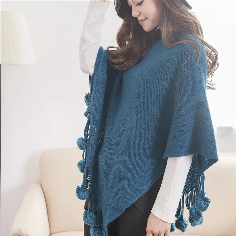 

Korean Version Of Spring Autumn Women Shawl Hanging Ball Solid Color Knitted Hanging Ball Cloak Lady Coat Leisure Blue