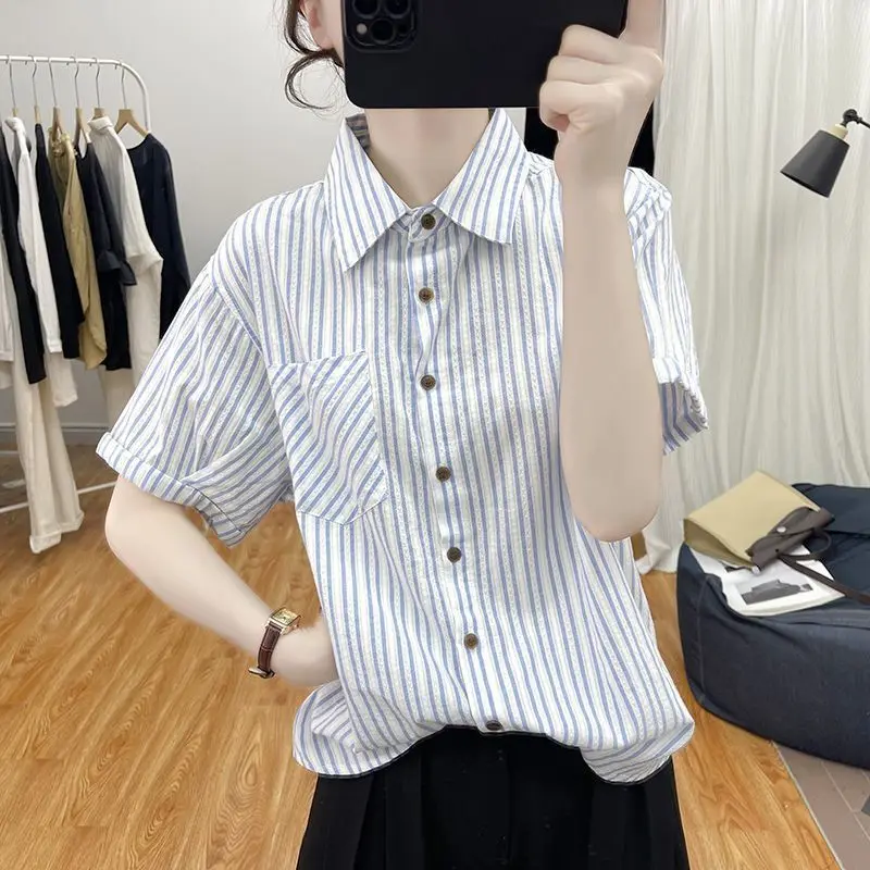 2024 New Summer Retro Korean Style Simplicity Office Lady Loose Women\'s Shirt Print Button Pockets Lapels Short Sleeve Y2K Tops