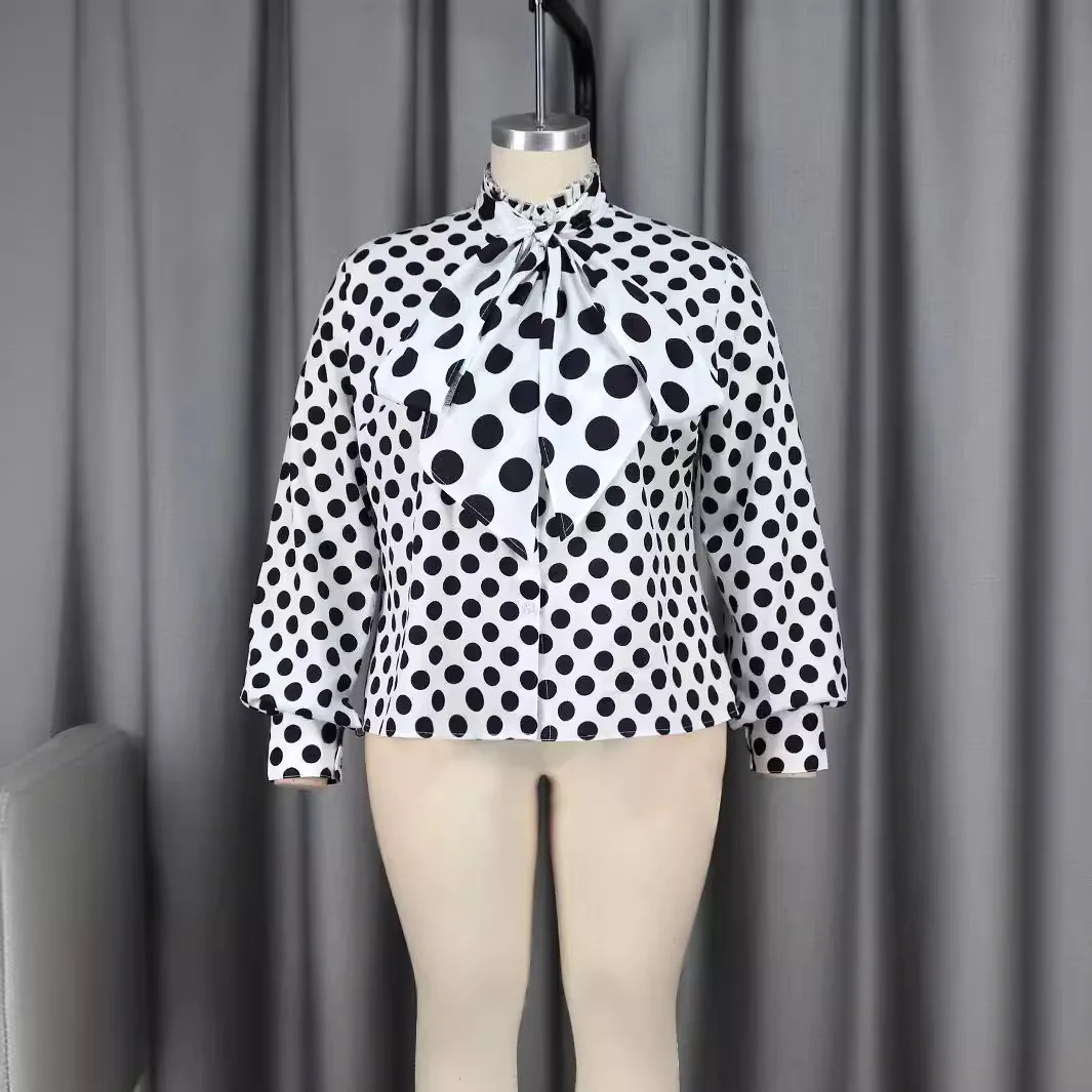 Am030713 Personality Lace Collar Long Sleeve Women's Clothing Commuting Style Black And White Polka Dot Plus Size Women's Y2K