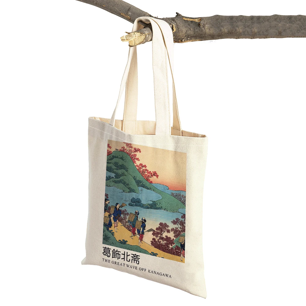 Vintage Tote Shopper Bag Abstract Japan Artist Hokusai Mount Fuji Women Shopping Bags Double Print Casual Lady Linen Handbag