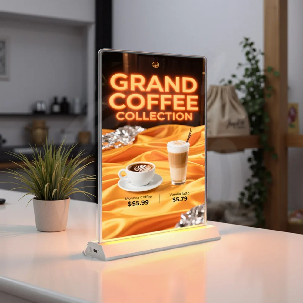 

Custom Rechargeable Desktop Sign Double Side Advertising Light Box Poster Are Replaceable for Coffee Shop Beverage Shop Menu