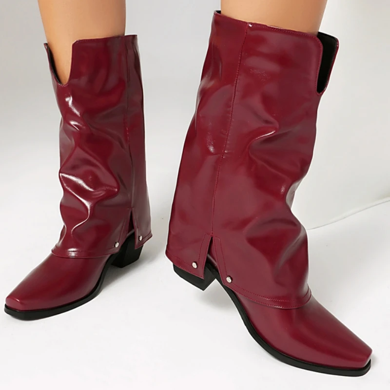 

Женские сапоги до середины икры, зимняя обувь, модные лакированные черные, красные, белые ковбойские ботинки на высоком каблуке с перевернутым краем, большой размер 50,