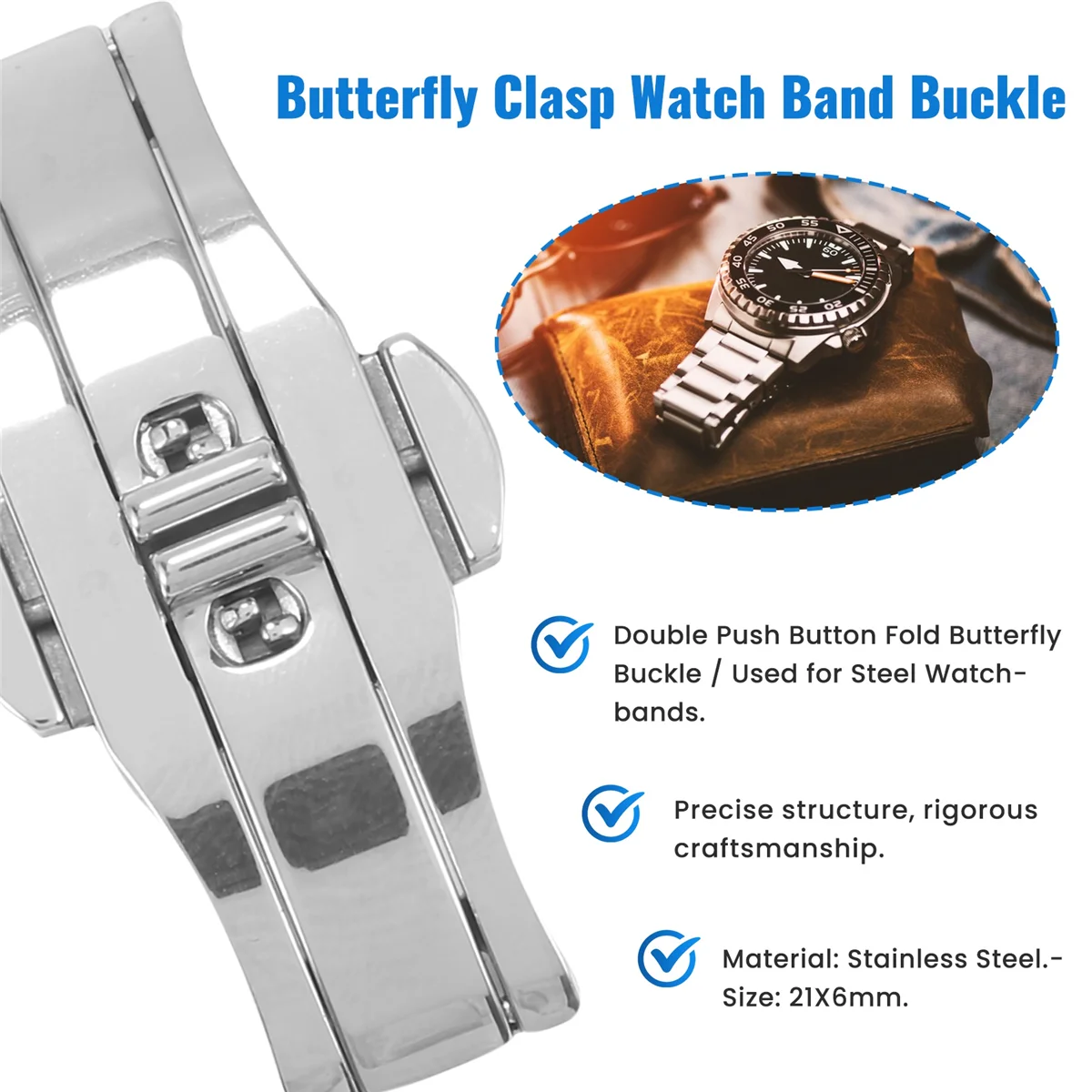 FZFZ Double Push Button Butterfly Clasp Buckle Silver For 21mm Watch Band Strap
