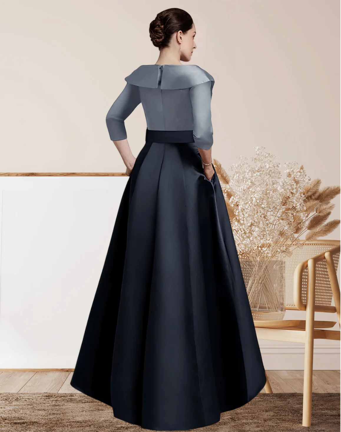 LinasBridal A-Line Satin Formal Evening Gown Elegant Fall Wedding Guest Dress Asymmetrical 3/4 Length Sleeve with Pocket 2024