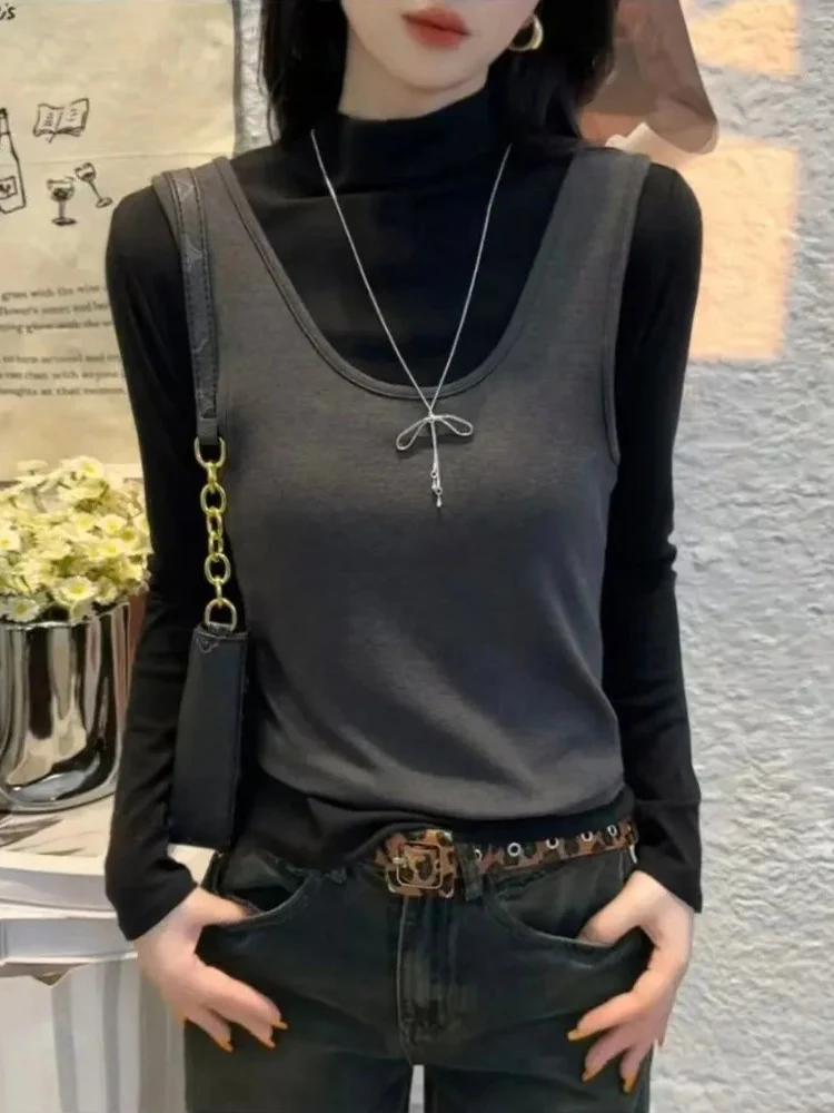 2025 جديد الخريف الشتاء قطعتين الياقة المدورة طويلة الأكمام الصلبة الحد من العمر قميص سليم كل مباراة مودا سترة قصيرة #3