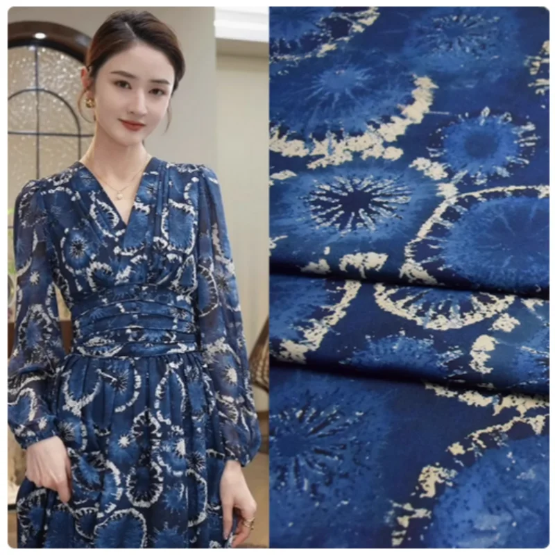 Retro National Wind Blue Smudge Chiffon Fabric, Cheongsam, Dress, Pants, Shirt Handmade Sewing Tissue, Not Transparent, T2335