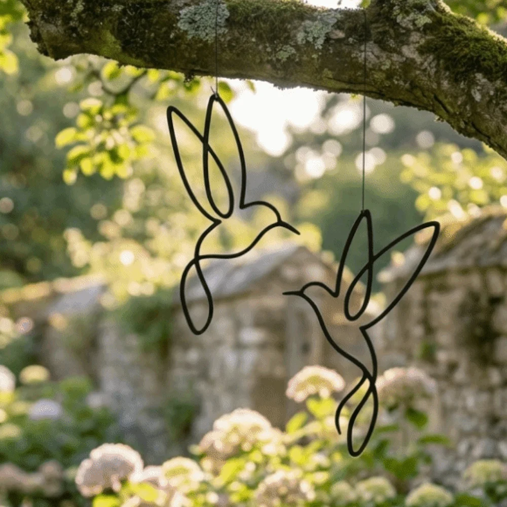 2PCS Black Hummingbird Silhouette Ornament Minimalist Wall Mounted Metal Hummingbird Wall Art Wire Art Bird Hanging Ornaments