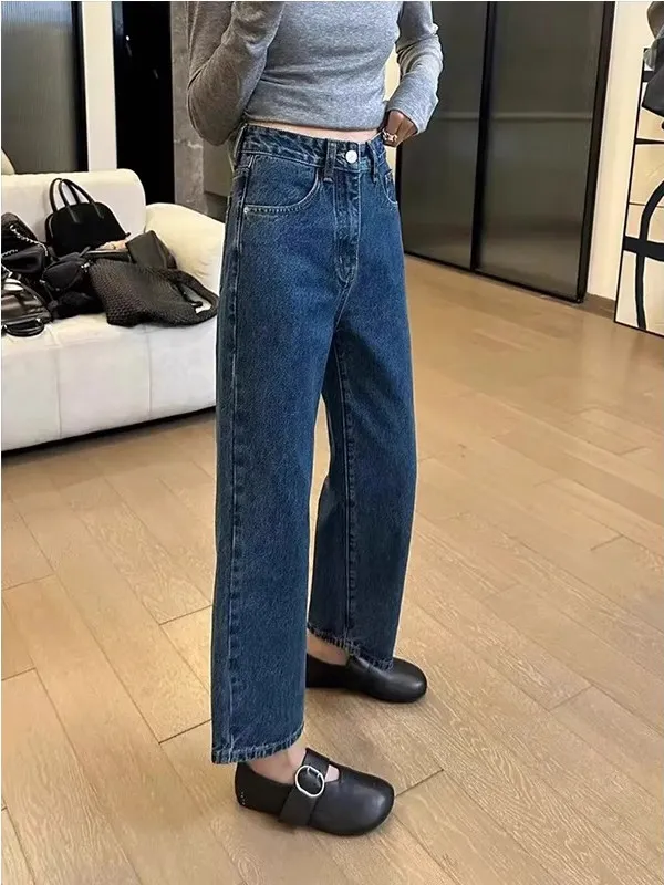 Retro perna reta denim jeans feminino primavera tamanho grande solto carne escondendo nove pontos calças de cintura alta jeans casuais