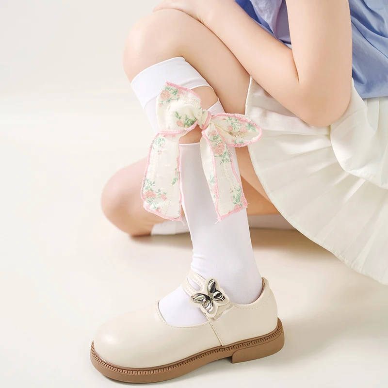 Lovely Girls Multi Color Velvet Mid Calf Socks Streamer Large Bow Craft Hollow Hole Knit Structure Light Flexible Loose Hosiery
