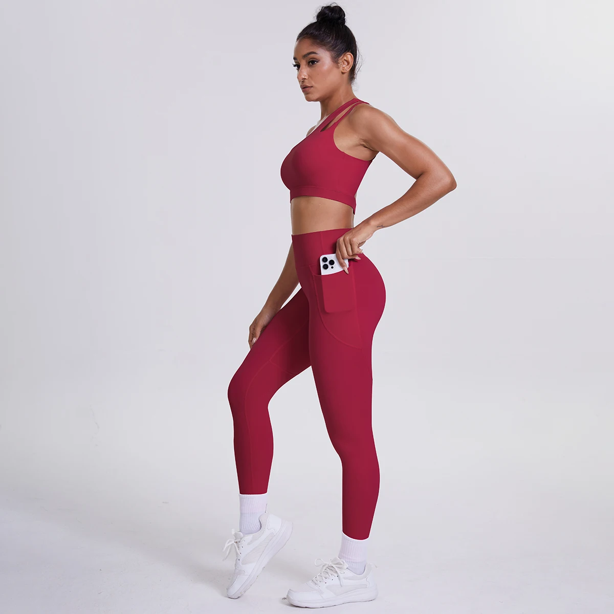 2-teiliges einfarbiges Sport-Yoga-Set für Damen, sexy, schräger Schulter-BH, Fitness-Top, Laufen, Radfahren, Taschen, Hosen, Fitnessstudio, Yoga-Set – Detail 38