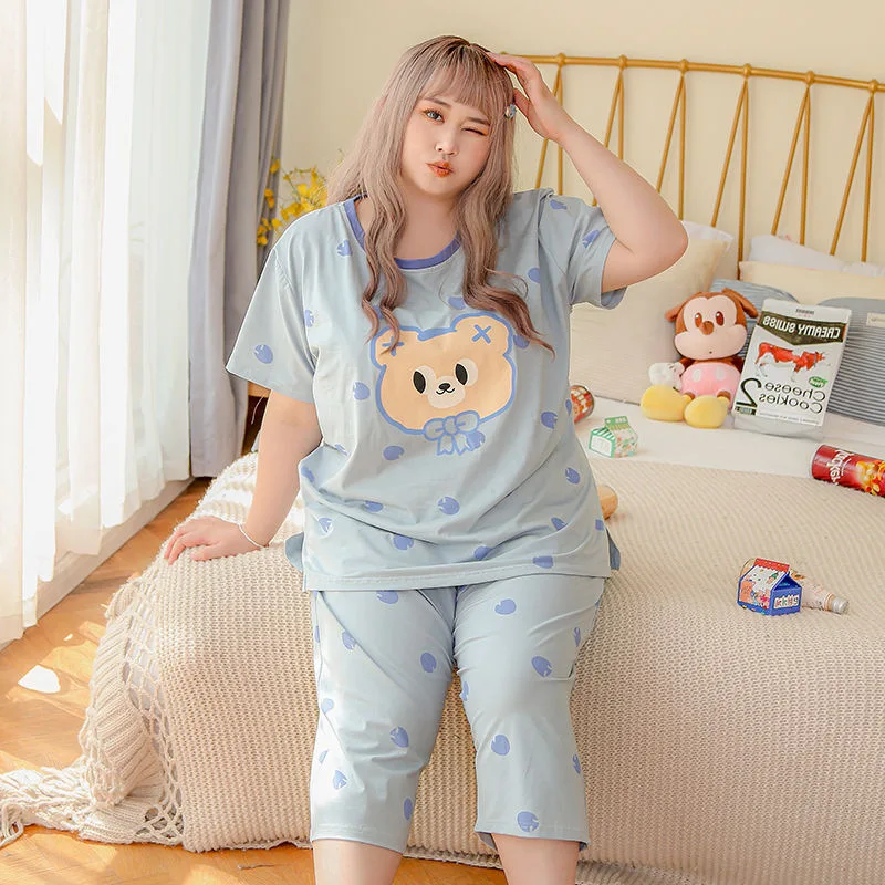 150kg Extra Large Size Loose Pajama Set Women Summer Belly Cover Comfortable Loungewear Short Sleeve Sleepwear Tops Cropped Pant