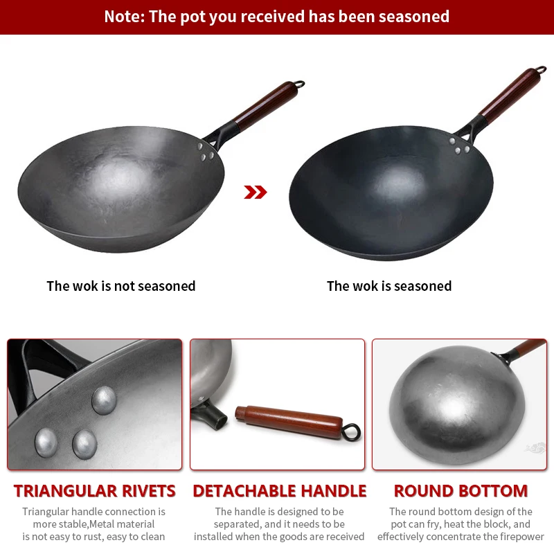 Traditional iron wok,Non-coating Woks Hand forged For Kitchen PanWooden Handle Wok Kitchen Gas Pot Cookware