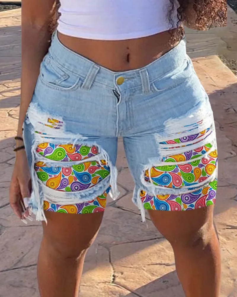 

Mid Waist Ripped Stylish Denim Shorts Women Casual Raw Hem Slash Pocket Skinny Pants Streetwears