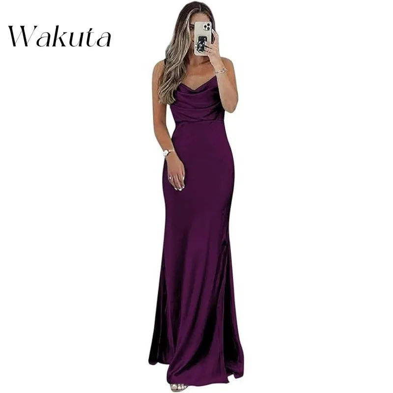 Wakuta American Vintage Swing Neck Strapless Solid Party Evening Dress Sexy Backless Slim Halter Cocktail Vestido Elegante Mujer