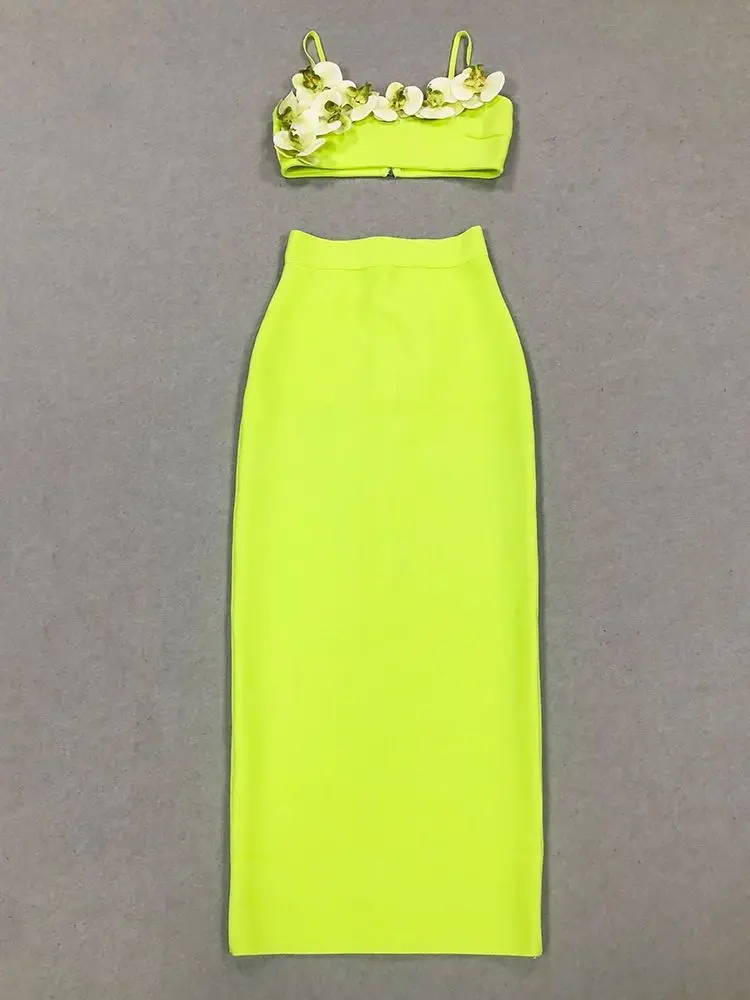 Nieuwe Vrouwen Celebrity Sexy Neon Groen Lange Bodycon Bandage Rok Pak 2024 Elegante High Street Avond Verjaardagsclub Feest Outfits