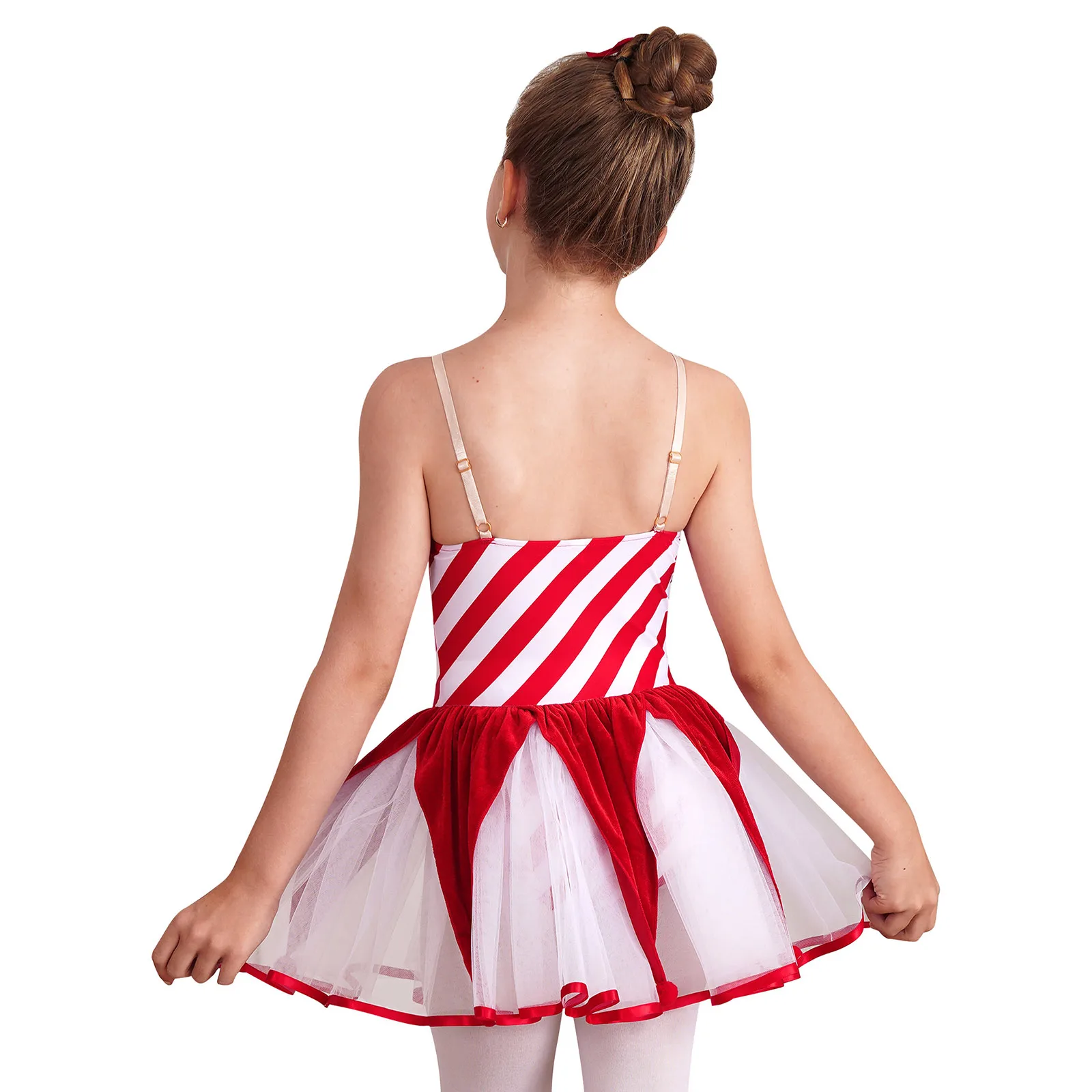 Kids Girls Christmas Dress Sleeveless Pom Poms Decor Stripes Camisole Tutu Dress Leotard Xmas Party Santa Claus Cosplay Costume