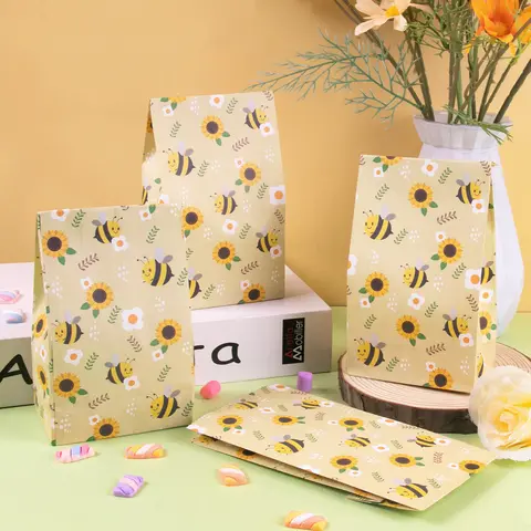 10/20 pçs saco de presente de abelha amarela bonito abelha girassol impressão sacos de papel festa de aniversário embalagem suprimentos festa de verão saco de doces presente do miúdo