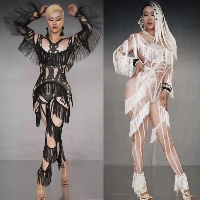 

Черно-белый комбинезон с кисточками, женская одежда для танцев на пилоне, леггинсы для певицы, костюмы для ночного клуба Gogo, сценический наряд для рейва, XS4521