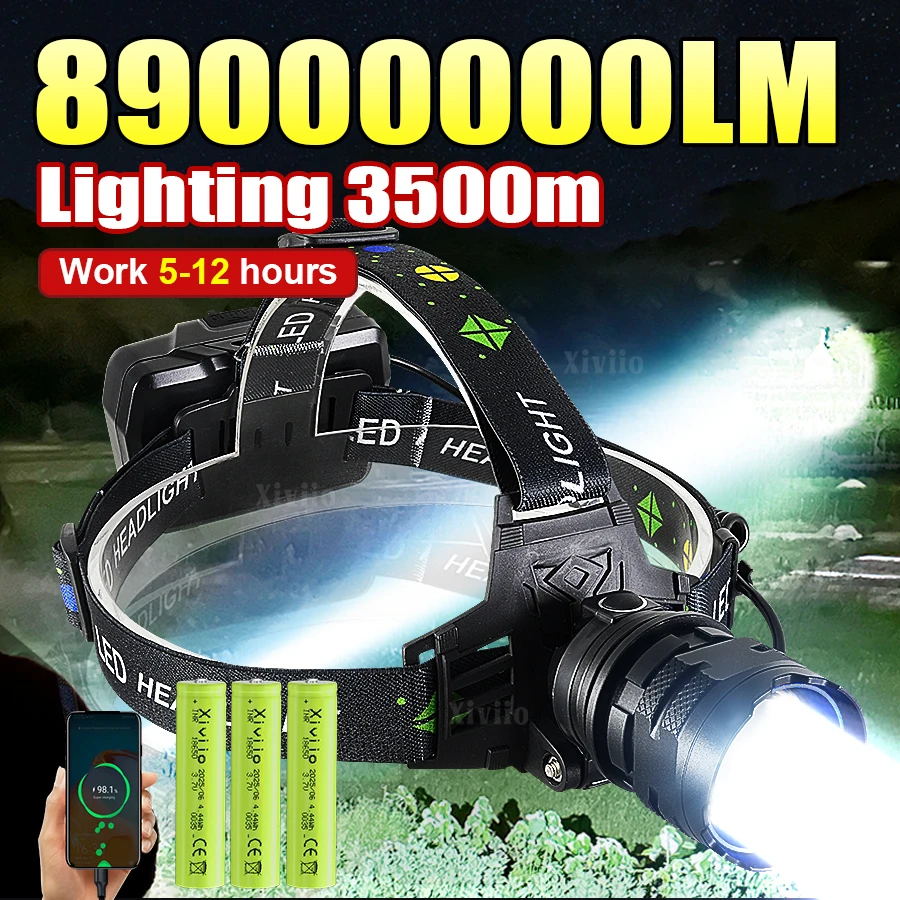 

Ultra Powerful LED Headlamp 89000000LM Super Bright Rechargeable Headlight Long Range 3500m Head Flashlight Fishing Head Torch