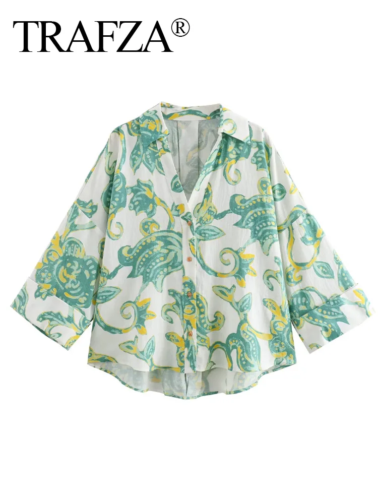 

TRAFZA Women Summer Holiday Lapel Three Quarter Sleeve Linen Blend Printed Shirt Female Chic Resort Elegant Asymmetric Blouse