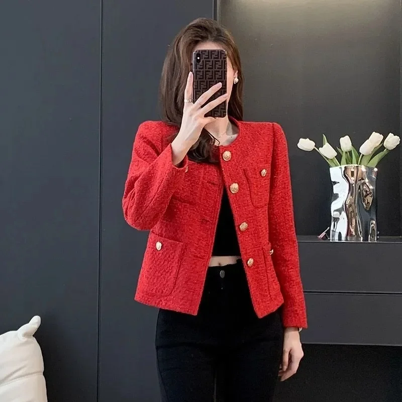 Red Small Fragrance Jacket Female 2025 Spring Autumn New Coat High Sense Fashion Overcoat Temperament Outerwear Short Women Tops