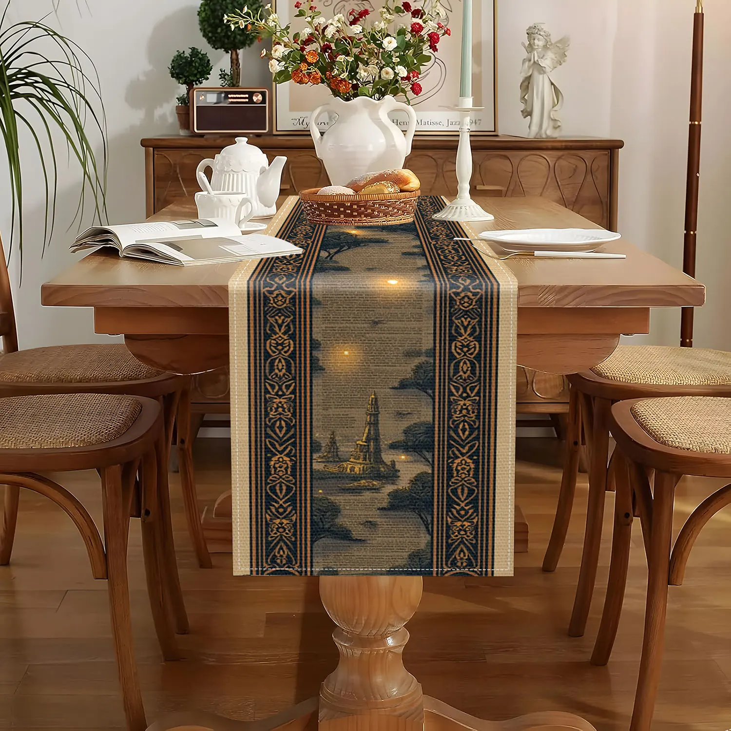 1 Piece of Fantasy Moonlit Night Skeleton Table Runner, Featuring a Vintage Brown Background with Carved Borders, Moonlit Night Skeletons and Mysterious Scenes, Suitable for Halloween Parties, Fantasy-Themed Restaurants, Art Studios, Vintage Cafes, Cultural and Creative Exhibitions, Dark-Style Guesthouses, Personalized Home Decor, and Unique Gift-Giving Settings