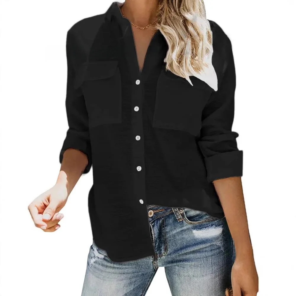 Damen Long Sve irt mit Ket Commute Sle Polyesterfaser Non-Sinking Regular Sve Pure Color Splicing Proc